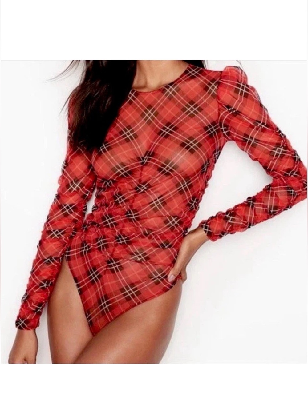 New Victoria’s Secret Very Sexy Ruched Mesh Bodysuit XL Red Plaid Sheer Thong